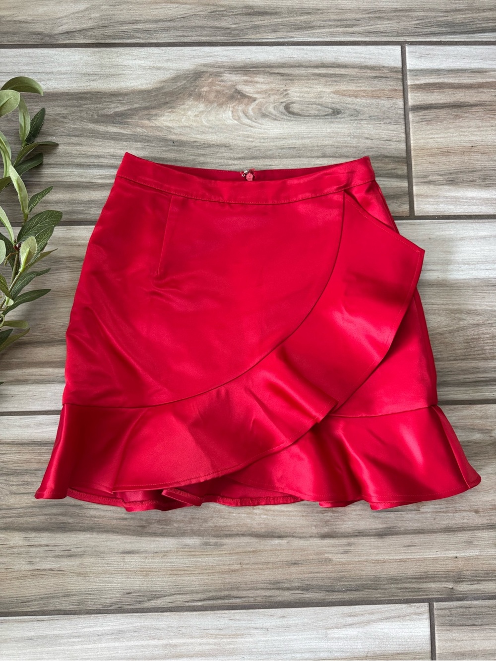 Lovers + Friends Red Satin Ruffle Mini Skirt S Wrap Asymmetrical Revolve